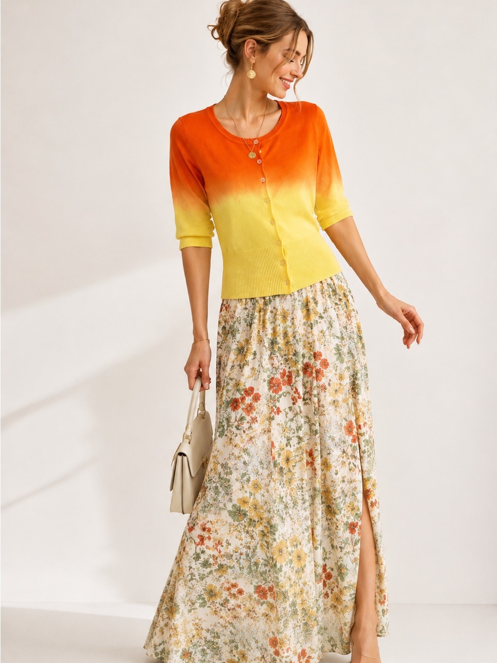 Jillian Nicole Women’s Large Orange Yellow Ombré Cotton Cardigan Sweater